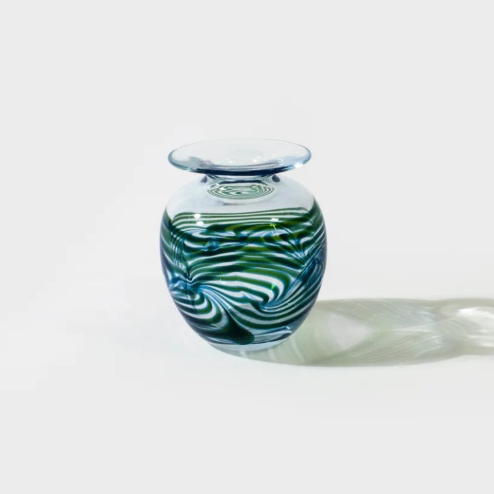 Clear and Blue Swirl Art Glass Vase